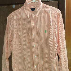 Ralph Lauren Orange Striped Button Down Long Sleeve Shirt Green Pony Size Medium